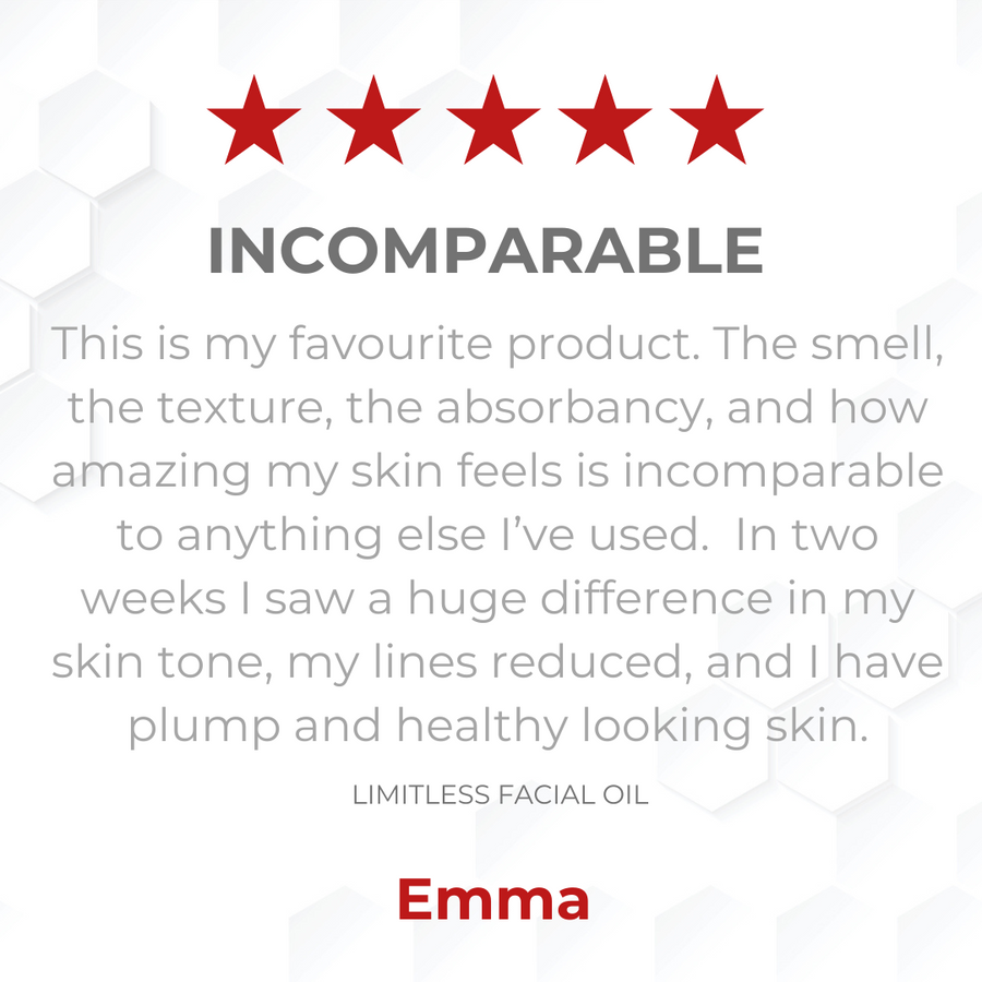 The Robyn Skinner Limitless Facial Oil is my favourite product. The smell, the absorbance, and how amazing my skin feels is incomparable to anything else I've used. In two weeks I saw a huge difference in my skin tone, my lines reduced, and I have plump and healthy looking skin.