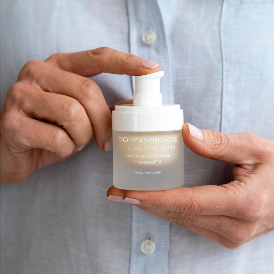 Model holding Robyn Skincare Hyaluronic & Bakuchiol Serum – lightweight hydrating facial serum UK